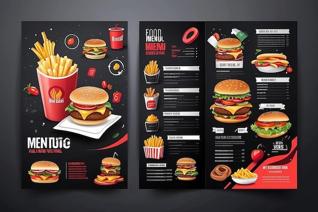 Fast-Food-Menü-Broschüre-Design auf einer dunkeln Vektorvorlage