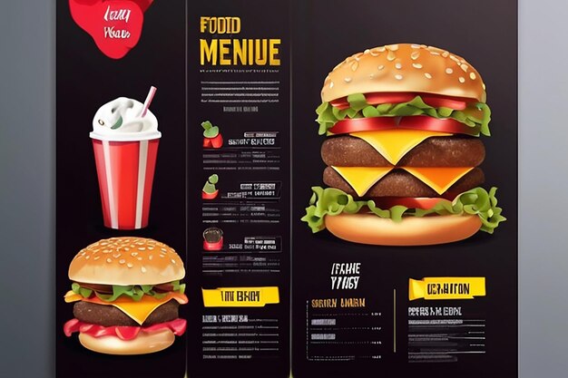 Fast-Food-Menü-Broschüre-Design auf einer dunkeln Vektorvorlage