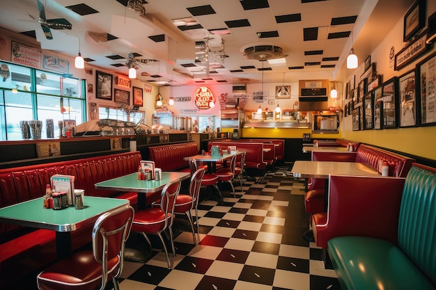 Fast-Food-Restaurant mit gemütlicher Vintage-Einrichtung und klassischer Musik im Hintergrund