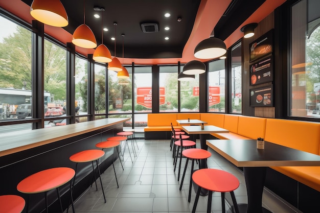 Fast-Food-Restaurant mit modernem, elegantem Interieur mit klaren Linien und hellen Farben