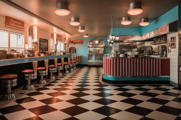 Fast-Food-Restaurant mit Retro-Interieur mit ikonischen Diner-Designelementen aus den 50er-Jahren, die mit generativer KI erstellt wurden