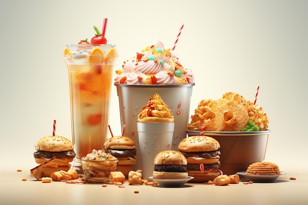 Fast-Food-Set mit Milkshake-Kekse, Eis und Desserts