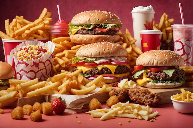 Foto fast-food-sortiment junk-food-konzept ungesunde lebensmittel für die herz-zähne-haut-figur