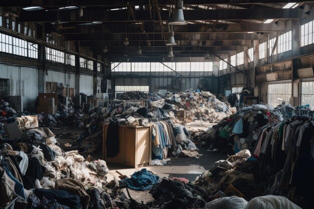 Fastfashion-Bekleidungsgeschäft mit Blick auf eine Mülldeponie und Berge ausrangierter Kleidungsstücke