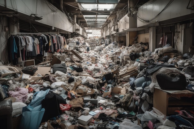 Fastfashion-Laden voller ausrangierter Kleidung und anderer Textilien in chaotischem Stapel