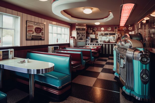 Foto fastfood-restaurant mit s-diner-jukebox im hintergrund