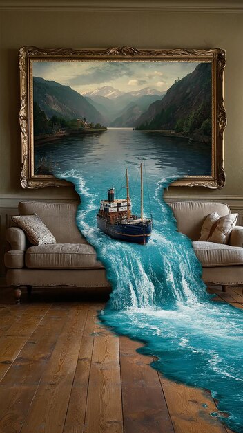 Faszinantes Bild Ein Fluss entspringt einem Ölgemälde und fließt in einen gemütlichen Wohnraum über