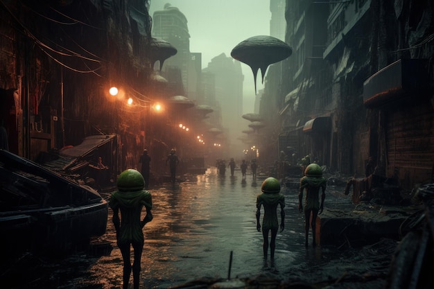 Faszinierende Außerirdische in einer Stadt. Futuristischer Fiktionsangriff. Generieren Sie KI