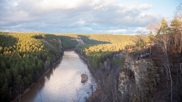 Faszinierende Aussicht auf den Bergfluss und den dichten Wald