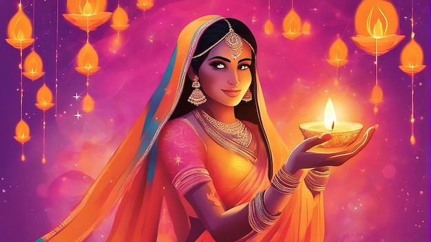 Faszinierende Diwali-Feiern Frauen umarmen Licht und Blumenfreude beim Navratri- und Diwali-Festival