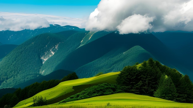 Faszinierende Landschaft aus grünen Bergen mit bewölktem Himmelshintergrund