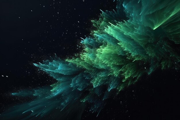 Faszinierende Mischung aus funkelnden grünen und blauen Partikeln, die in einer fließenden Bewegung auf einem dunklen Untergrund wirbeln