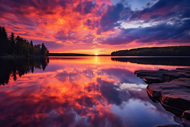 Foto faszinierende reflexionen ein glänzender sonnenuntergang malt den ruhigen see