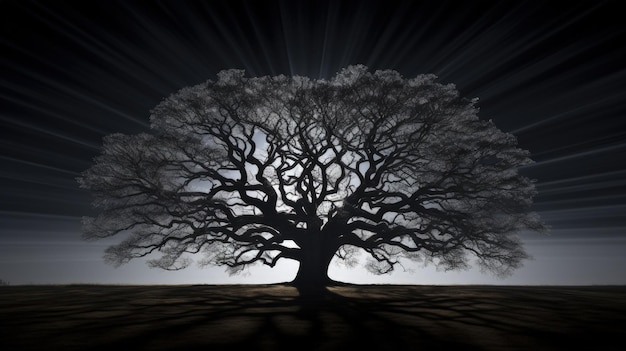 Faszinierende Silhouette eines großen Baumes in einzigartiger Beleuchtung