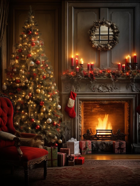 Faszinierende Weihnachtsatmosphäre Eine herzerwärmende Wohnzimmerszene mit Kamin und festlichem Baum