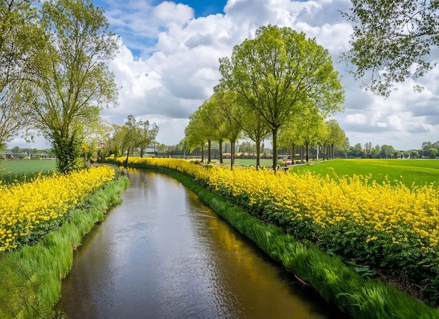 Faszinierender Blick auf den Fluss, umgeben von gelben Blumen