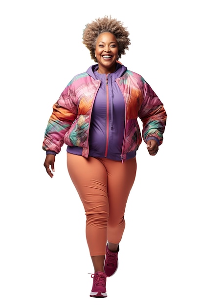 Fat plusize afro mujer usa ropa deportiva colorida en fondo blanco o transparente