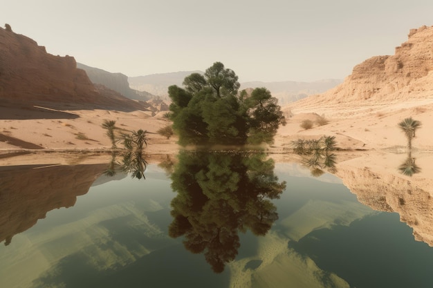 Fata Morgana in der Wüste mit einer fernen Oase mit einer optischen Täuschung aus Wasser und Vegetation