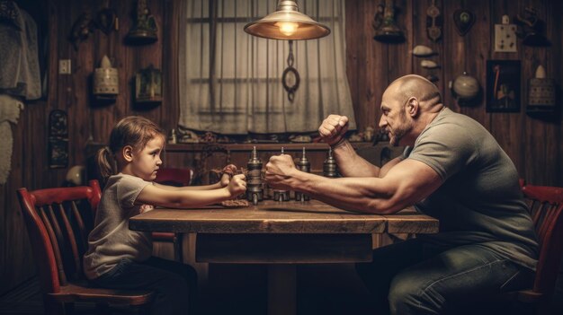 Father and kid arm wrestling competition (Competição de braço de pai e filho)