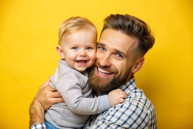 Fatherson Bond close-up isolado fundo amarelo estúdio tiro tempo de brincadeira alegre