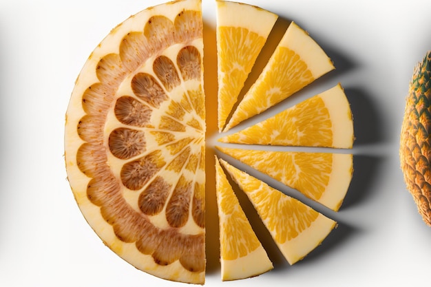 Fatia de abacaxi separado pedaços de abacaxi em um pano de fundo branco estilo plano Fragmento de triângulo vista superior de uma metade de um círculo e fatia redonda usando um traçado de recorte