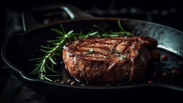 Foto fatia de bife de olho de costela fritando em panela com especiarias de ervas e alecrim generative ai