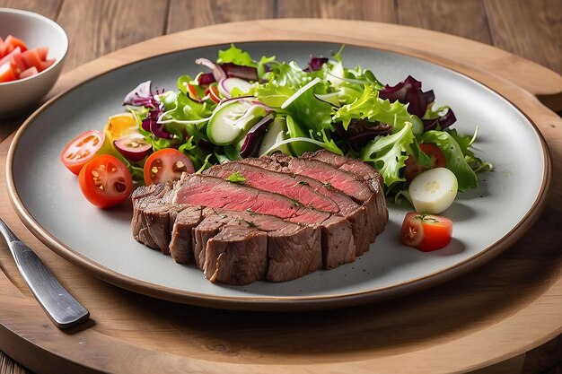 Foto fatia de bife no prato com salada