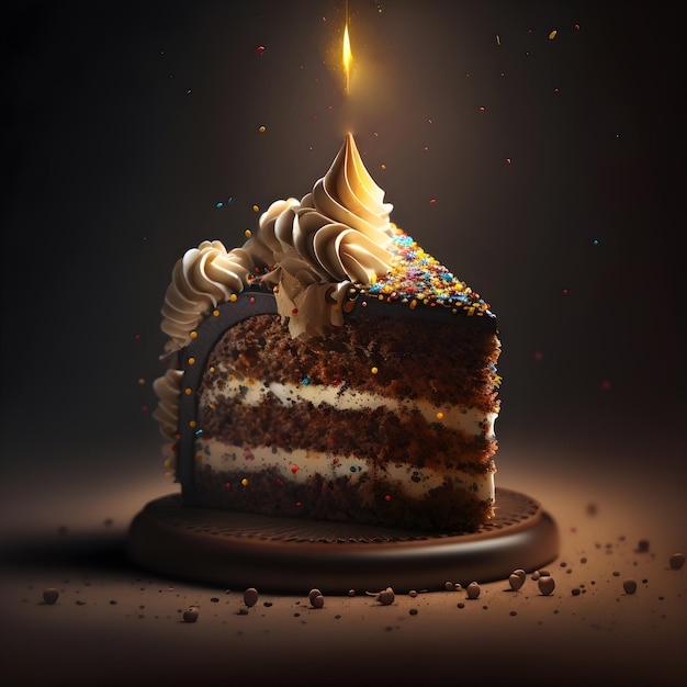 Fatia de Bolo de Aniversário de Chocolate com Vela Ai Ilustração Gerada Fundo de Comida Fotorrealista Doces