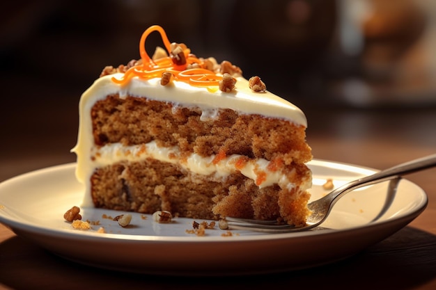 Fatia de bolo de cenoura fechada com gelo cobrindo fundo de bolo delicioso