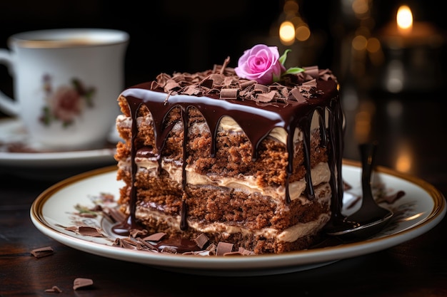 Fatia de bolo de chocolate com café ganache ao fundo IA generativa