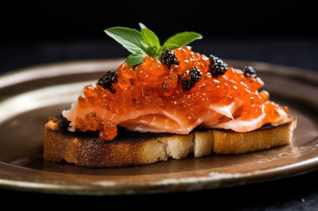 Fatia de bruschetta assada com um monte de caviar