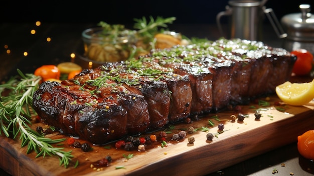 Fatia de carne grelhada na mesa de madeira rústica pronta para comer o prato principal