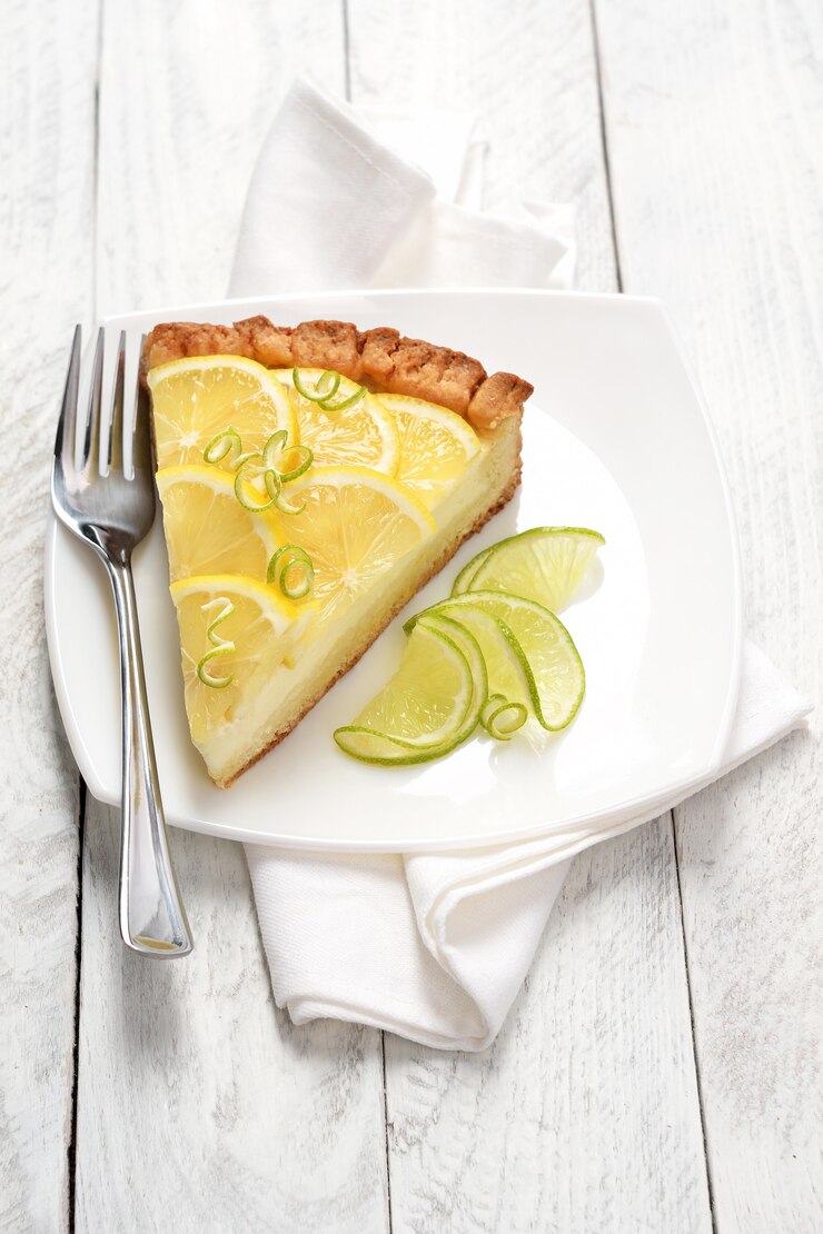 Fatia de cheesecake de citrinos na chapa branca