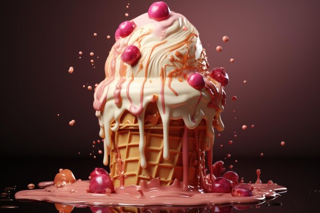 Foto fatia de cone de sorvete em um prato de chocolate ia generativa