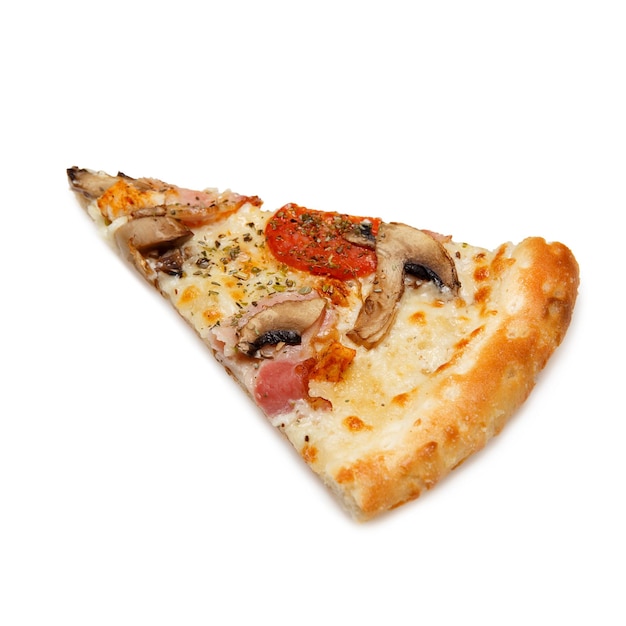 Foto fatia de deliciosa pizza italiana clássica com salsicha de pepperoni de presunto mozzarella e cogumelos