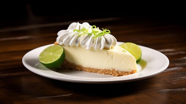 Fatia de Key Lime Pie com creme chicoteado e crosta de limão em um prato Generative AI