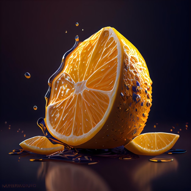 Fatia de laranja com gotas de suco em uma ilustração 3d de fundo preto
