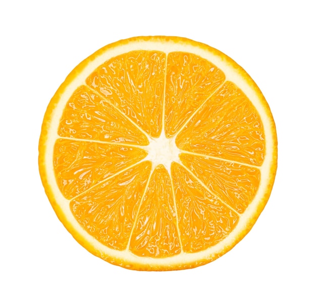Fatia de laranja redonda isolada em fundo branco uma fatia brilhante de caminho de recorte de frutas cítricas