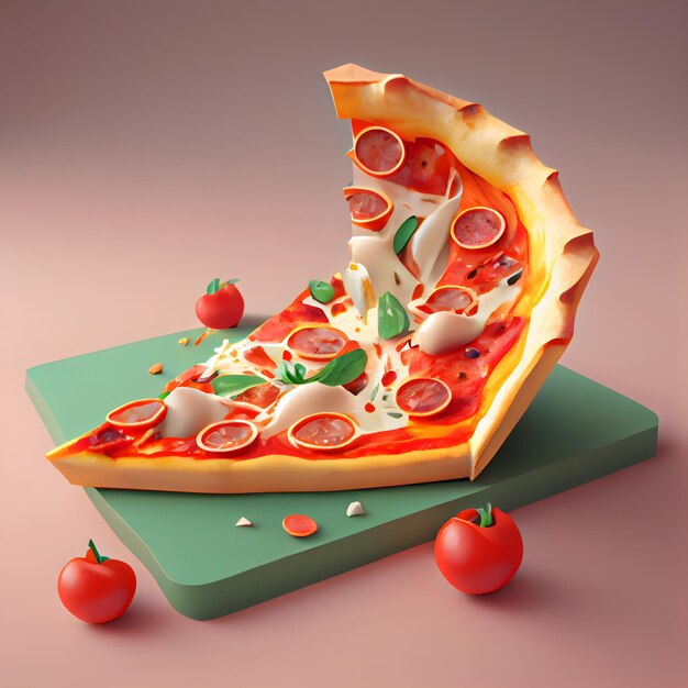 Fatia de pizza com ilustração 3d de tomate e queijo mussarela