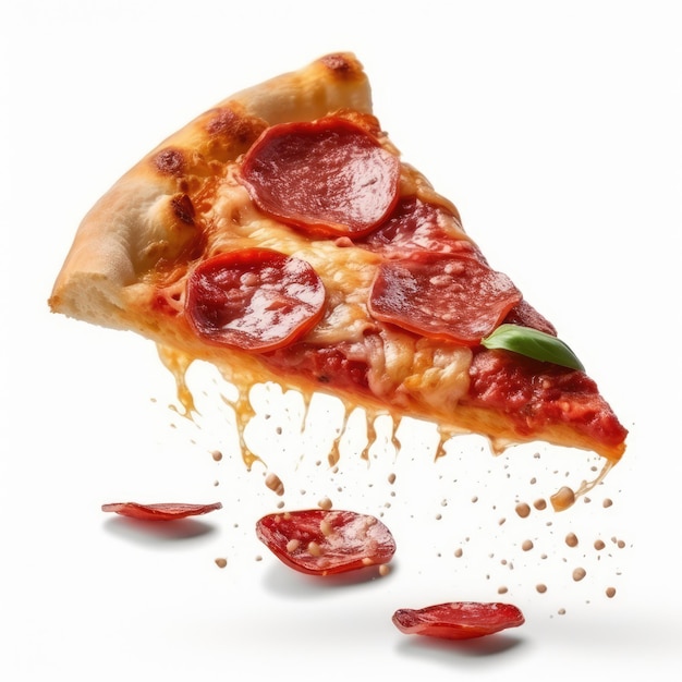 Fatia de pizza de salame flutuando no ar generativo ai