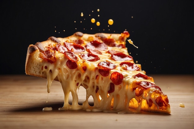 Fatia de pizza sendo levantada da panela de pizza com queijo derretido de lado