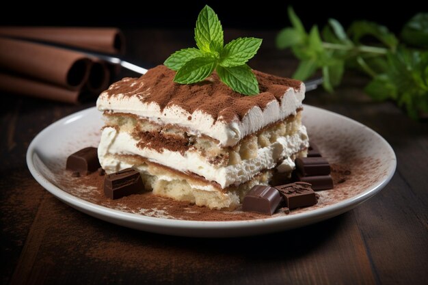 Fatia de tiramisu em um prato de sobremesa com coulis de frutas