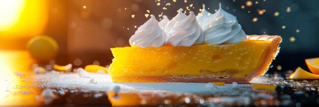 fatia de torta de merengue de limão mostrando seu recheio picante e cobertura de merengure fofinha em detalhes macro AI gerativa