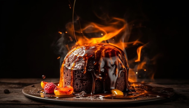 Fatia de torta doce com cobertura de chocolate derretida gerada por IA