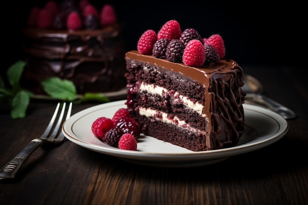 Fatia indulgente de bolo de framboesa de chocolate escuro