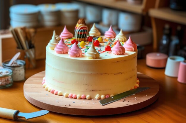 fatiar bolo de aniversário na mesa da cozinha publicidade profissional fotografia de alimentos