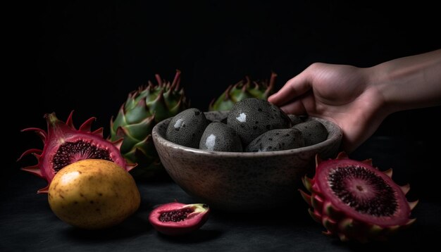 Fatias de abacaxi frescas e maduras numa tigela de madeira, uma delícia tropical gerada pela IA