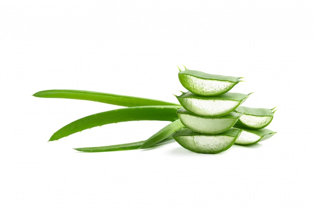 Fatias de aloe vera isoladas no branco. fitoterapia