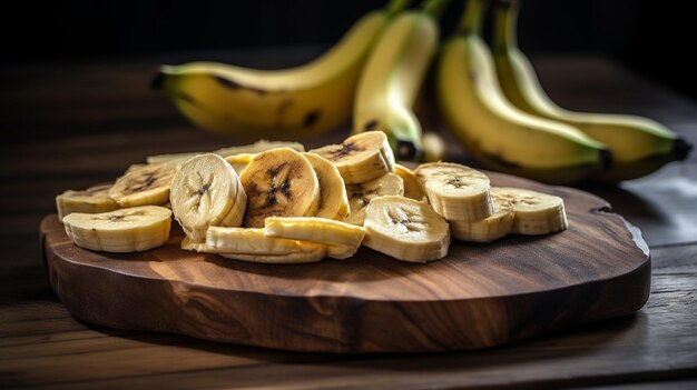 Foto fatias de banana em uma tábua redonda de madeira com fundo preto.