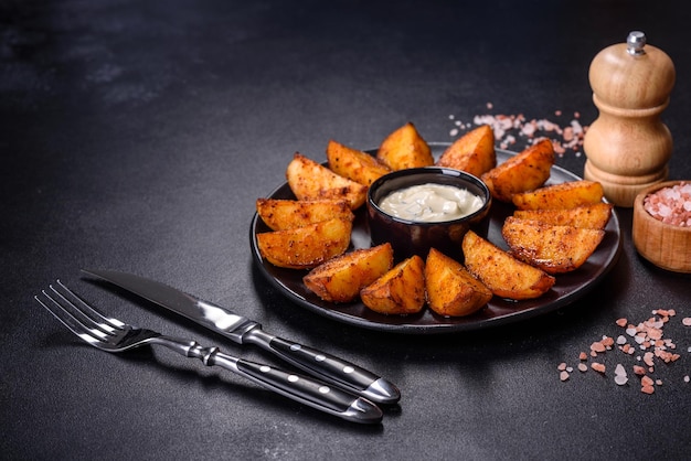 Fatias de batata assada com queijo e ervas e molho de tomate em um fundo escuro